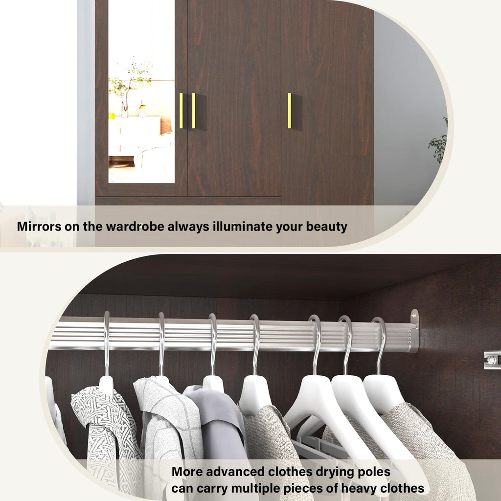 3 Door Wardrobe Closet with Mirror & LED Lights, Bedroom Armoire with Drawers & Shelves, Farmhouse Wooden Armoire