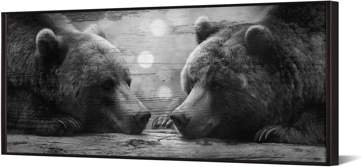 Black and White Grizzly Bears Canvas Wall Art 20x48'' Black Floater Frame Wildlife Prints Stretched Canvas Ready to