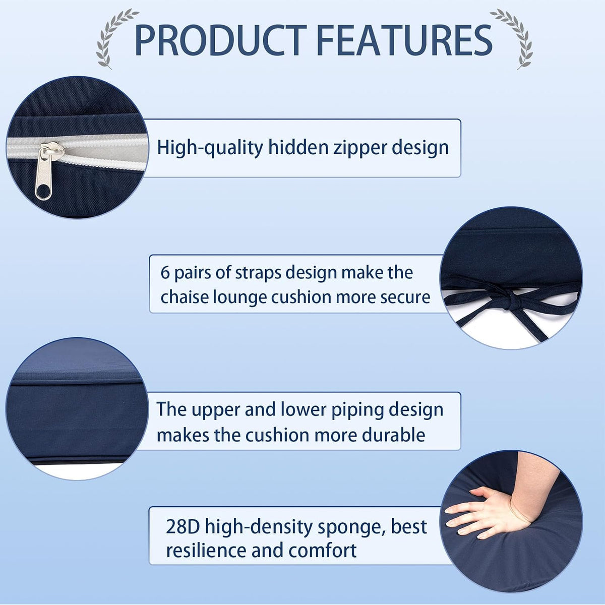 Outdoor Chaise Lounge Cushions Set of 2, Waterproof Fade Resistant Patio Lounger Cushion with Removable Cover
