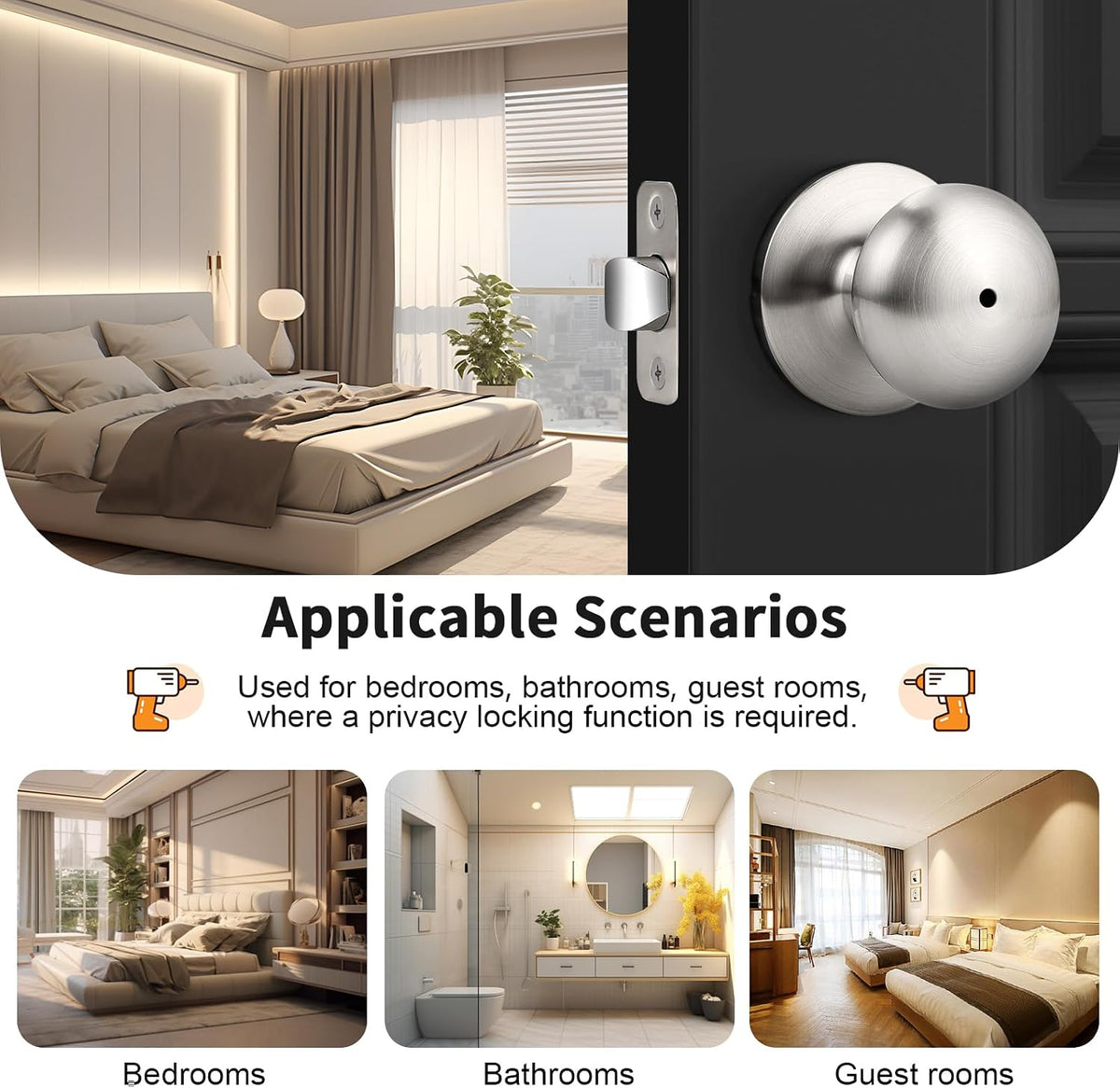 Privacy Stainless Steel Door Knobs Interior, Bed/Bathroom Door Knob(Bedroom & Bathroom) Brushed Nickel, 6 Pack