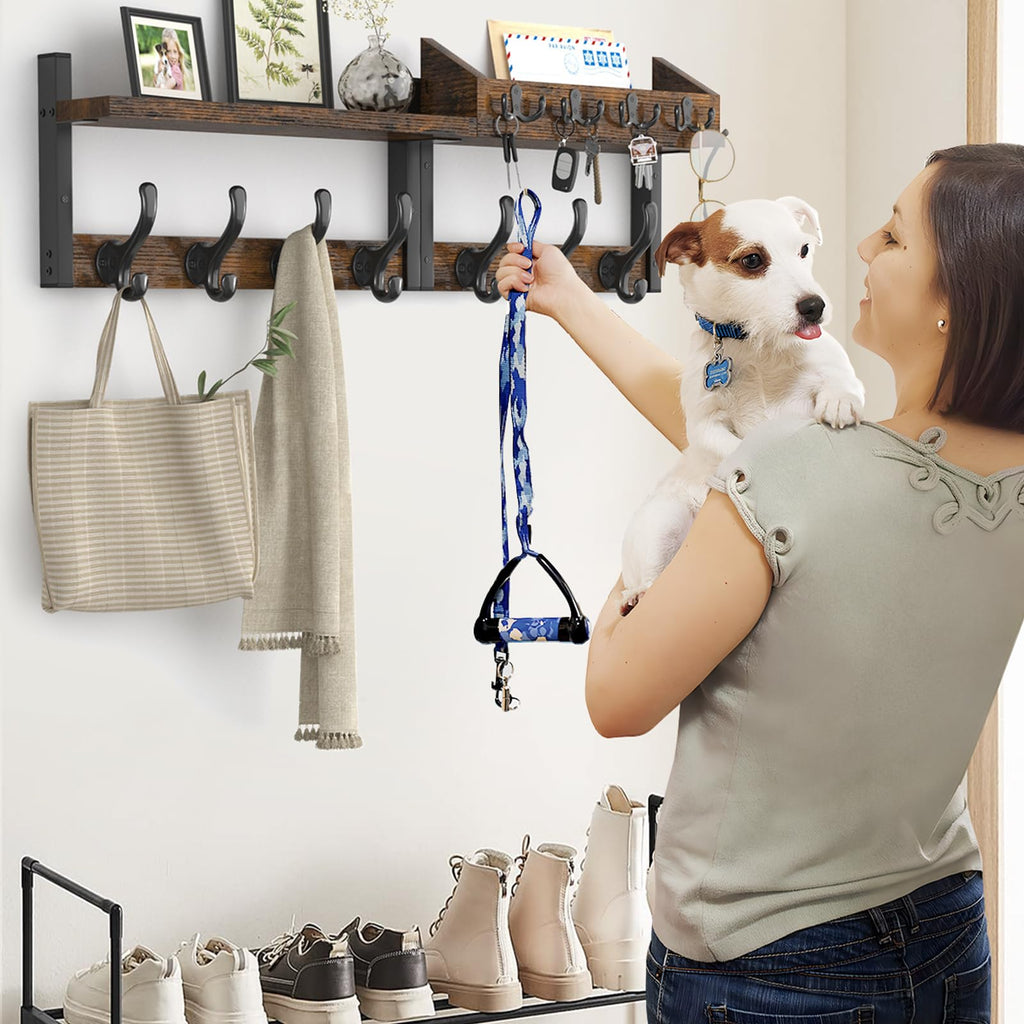 29" Coat Rack Wall Mount with Shelf, Rustic Brown