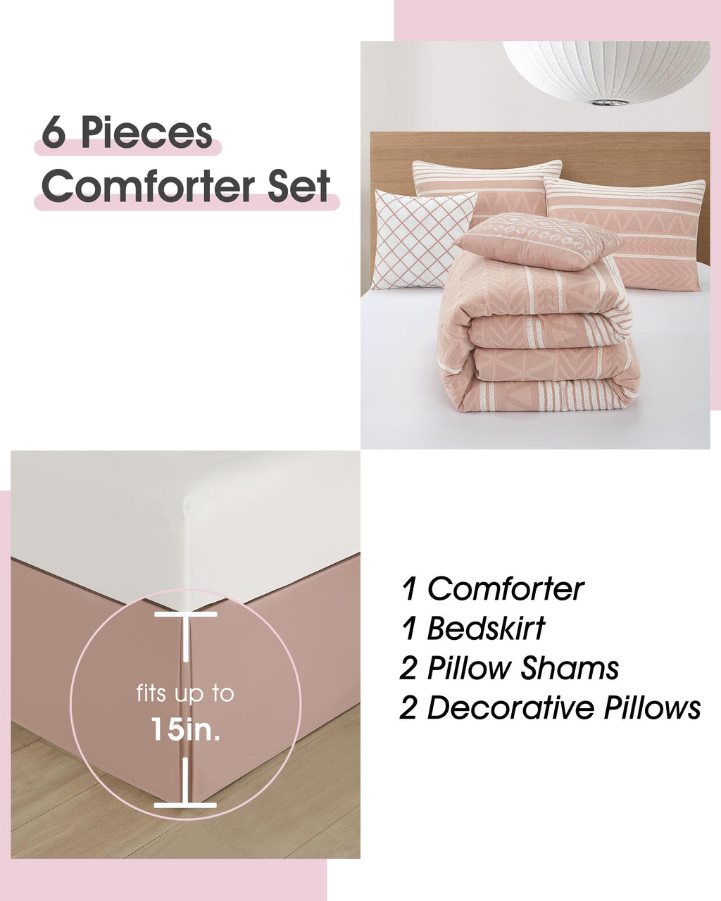Comforter Set, Gorgeous Geometric Jacquard, Blush Soft Lightweight Bedding Set for All Seasons, Bedskirt, Pillow