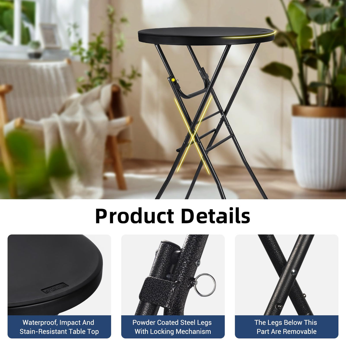 28in Cocktail Folding Table, Round High Top Bar Height Black Table