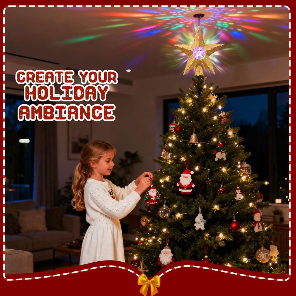 Gold Rotating Christmas Tree Topper Star with RGB LED Lights, 3D Crystal Diamond Center, Spinning Projection, Glitter