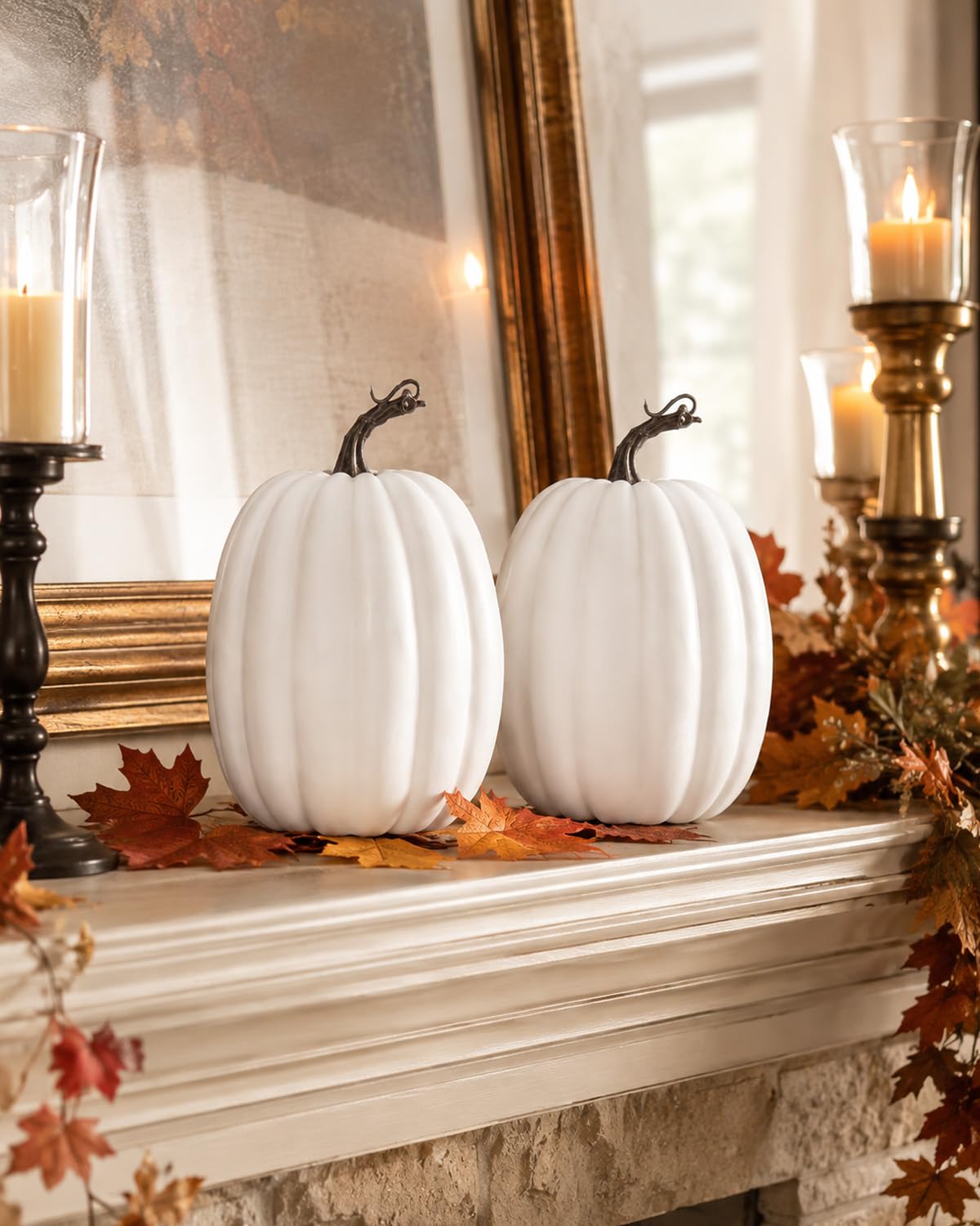 2 Pack 8 Inch Large White Artificial Pumpkins for Fall Decor