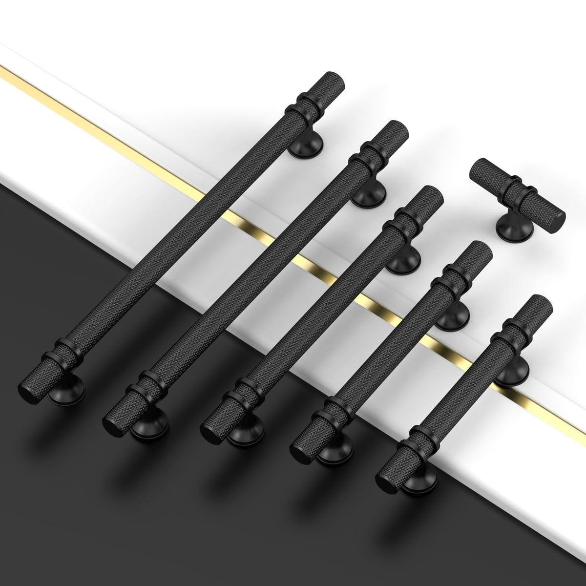 10 Pack Knurled Matte Black Cabinet Pulls 6.3 Inch Hole Center Kitchen Cabinet Handles for Drawer, Cupboard and