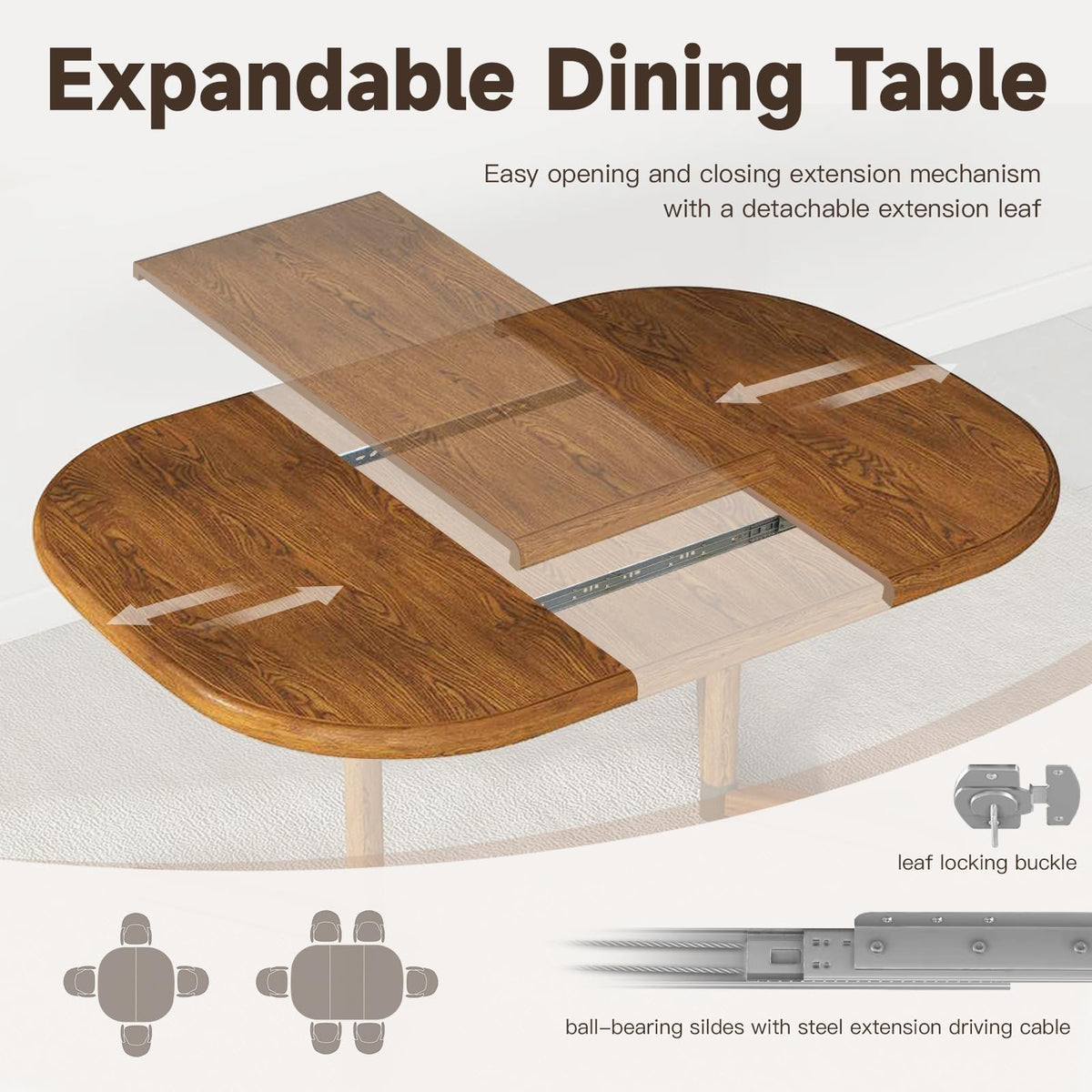 Extendable Square Round Dining Table for 4 to 6 Person-Chestnut