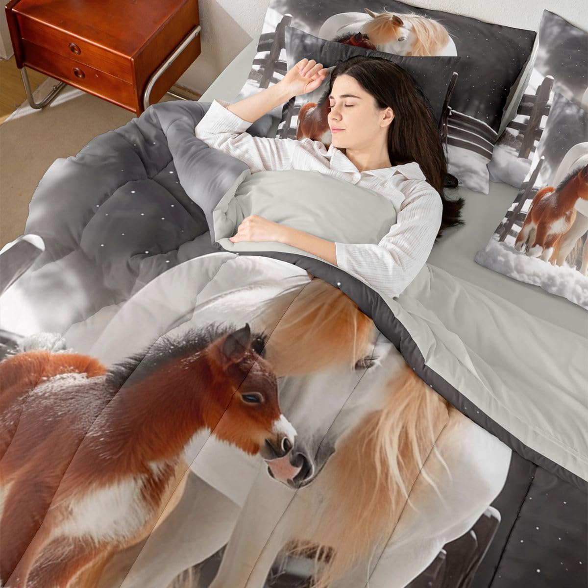 Western Horse 7 Piece Bedding Set | Rustic Cabin Snow Winter Comforter Set with Sheets Horse Bed in A Bag 3D