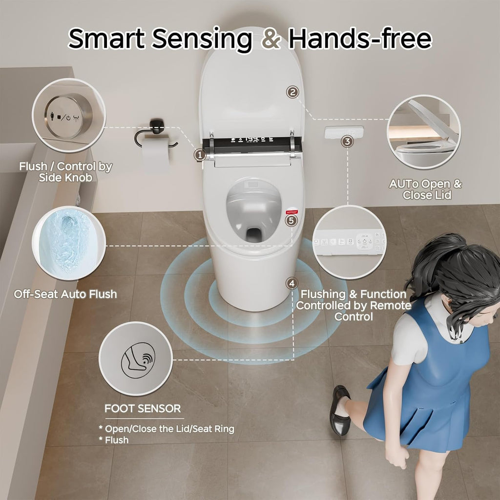Smart Tankless One-Piece Toilet with Built-In Bidet, Dual Auto Flush, Foam System, Foot Sensor, Heated Seat, Warm Water, Air Dryer, LED Display
