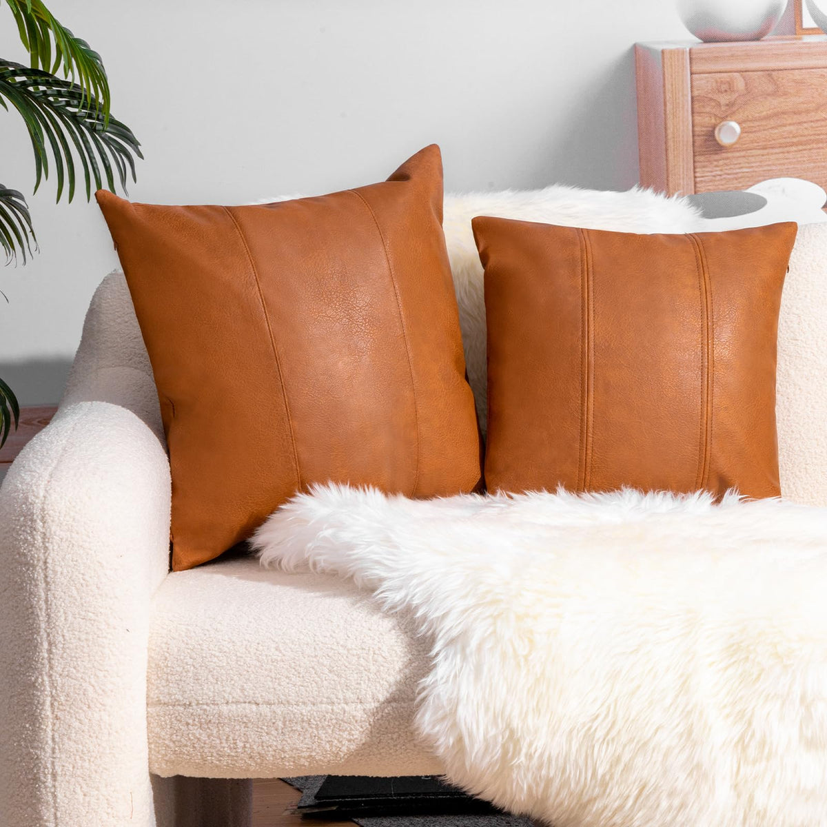 Faux Leather Throw Pillow Cover 16X16 Inch Set of 2 Brown Outdoor Modern Farmhouse Solid Decorative Pillow Covers for