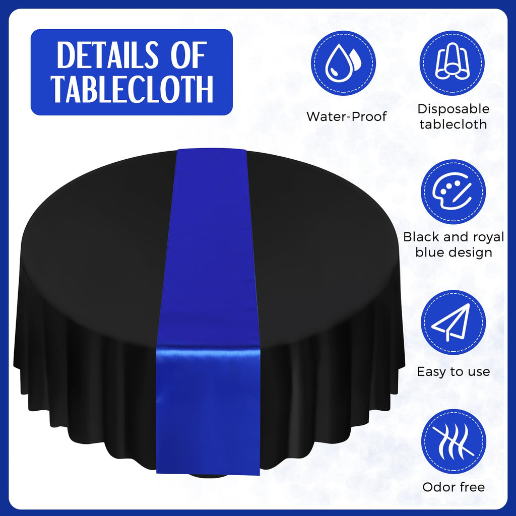 16 Pcs Black and Royal Blue Round Tablecloth and Satin Runner Set
