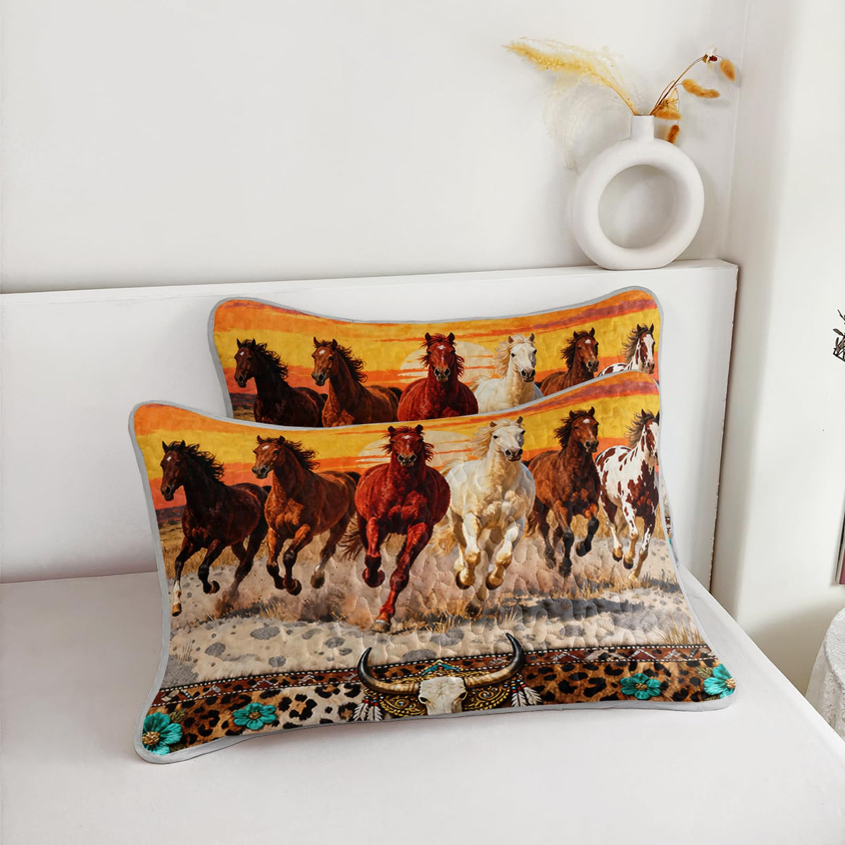 Western Horse Quilted Bedding Set, 3-Piece Running Horses Sunset Theme Bedspread Boho Coverlet, with 2