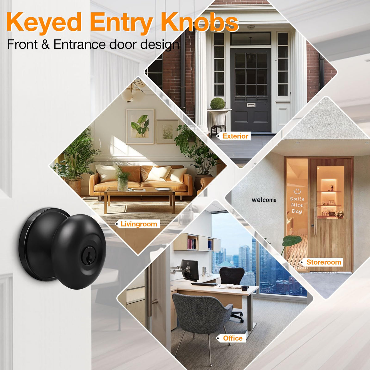 3 Pack Oval Keyed Alike Entry Door Locks in Matte Black Egg Door Knobs with Lock and Same Key for Exterior Front Door
