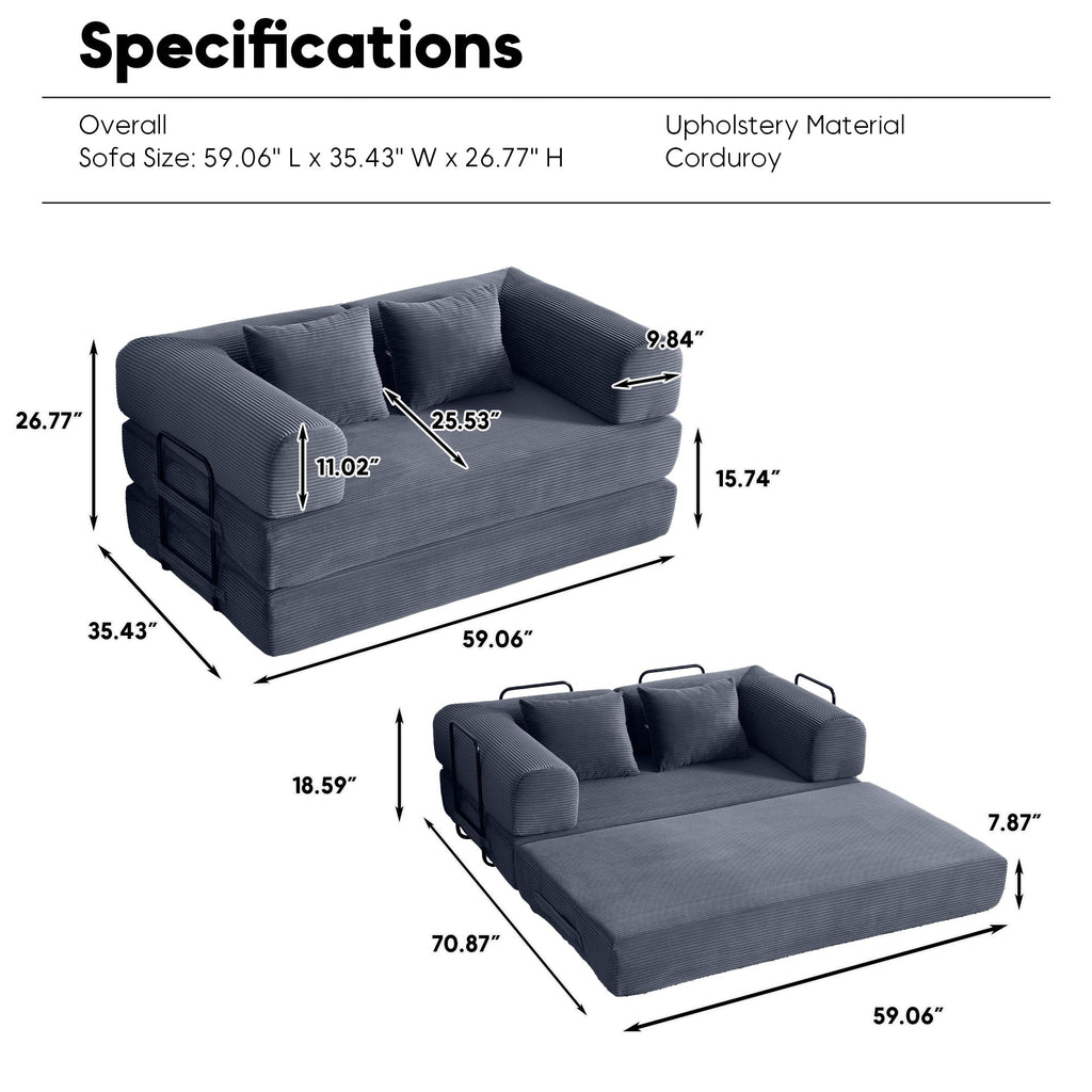 59" Convertible Floor Sofa Bed, Boneless Couches, Grey