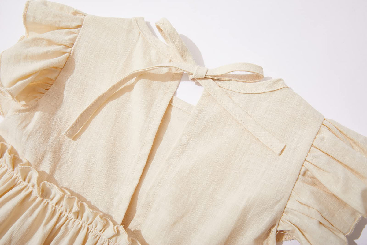 Toddler Baby Girls' Cotton-Linen Sundress with Ruffle Halter Sleeveless and Swing Dress Beige 90