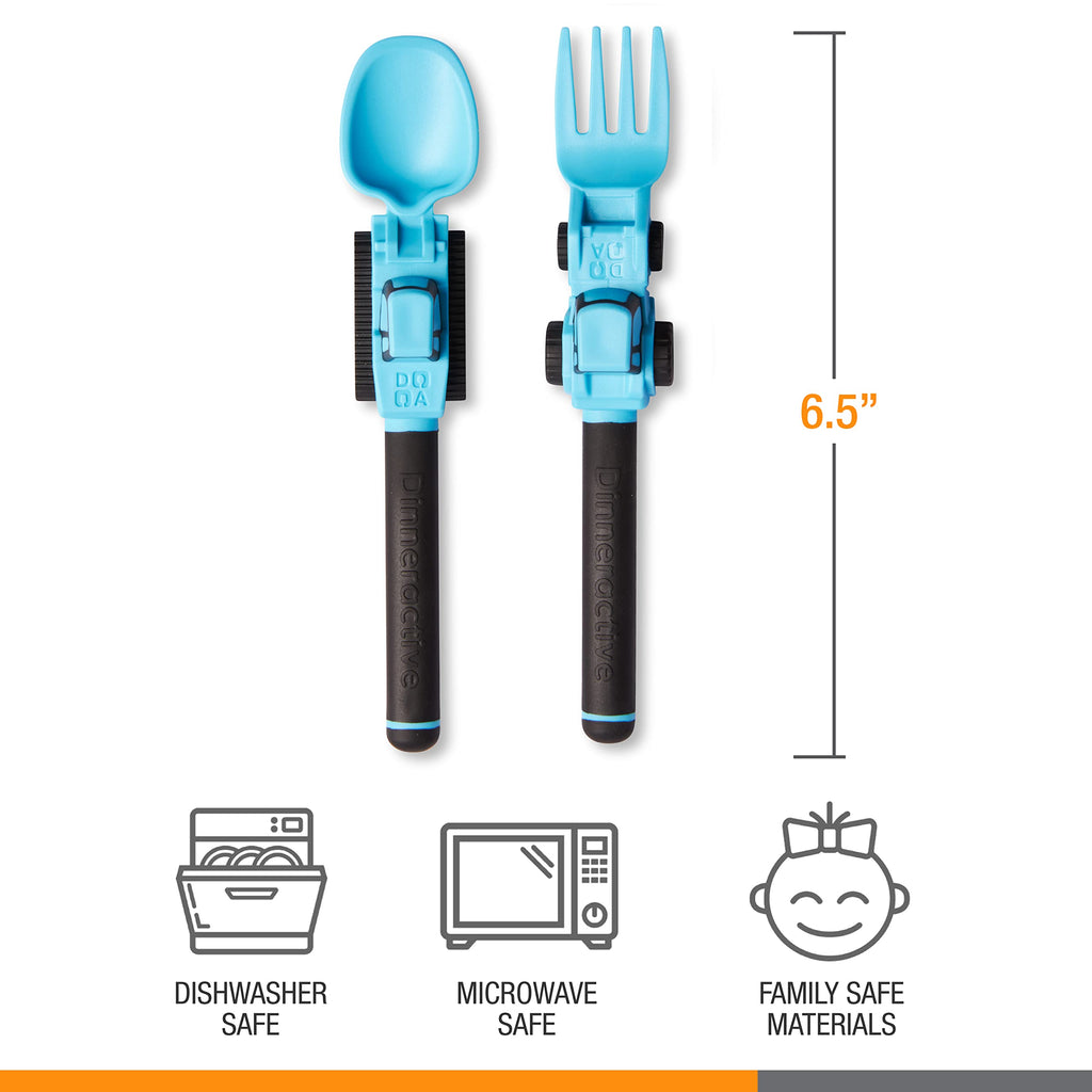 2-Piece Construction Themed Toddler Utensil Set - Blue Plastic Tractor Fork & Loader Spoon