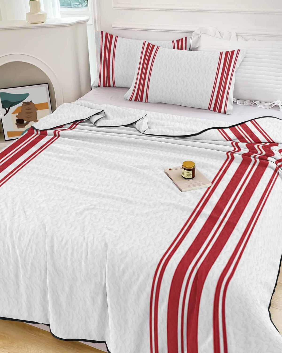 Quilt Sets King Size Red Ticking Vertically Stripe Comforter Set Lightweight Soft Bedspread Coverlet Simple Style