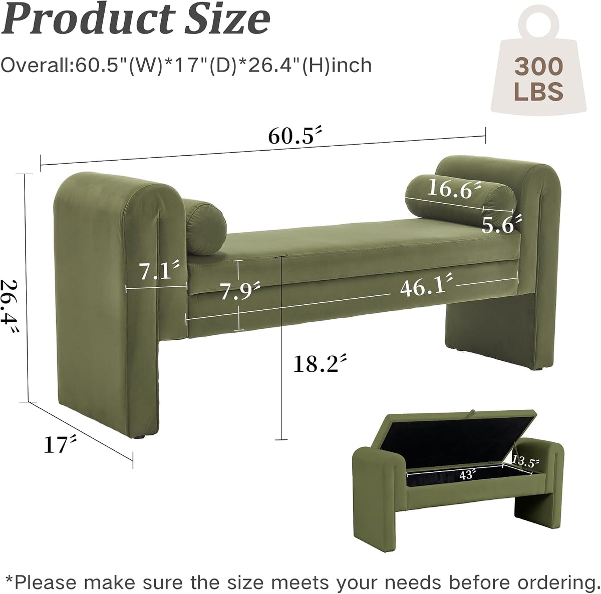 60.5" Velvet Upholstered Entryway Bench, Ottoman Bench End of Bed Bench with Armrest, Bedroom Bench with 2 Lumbar