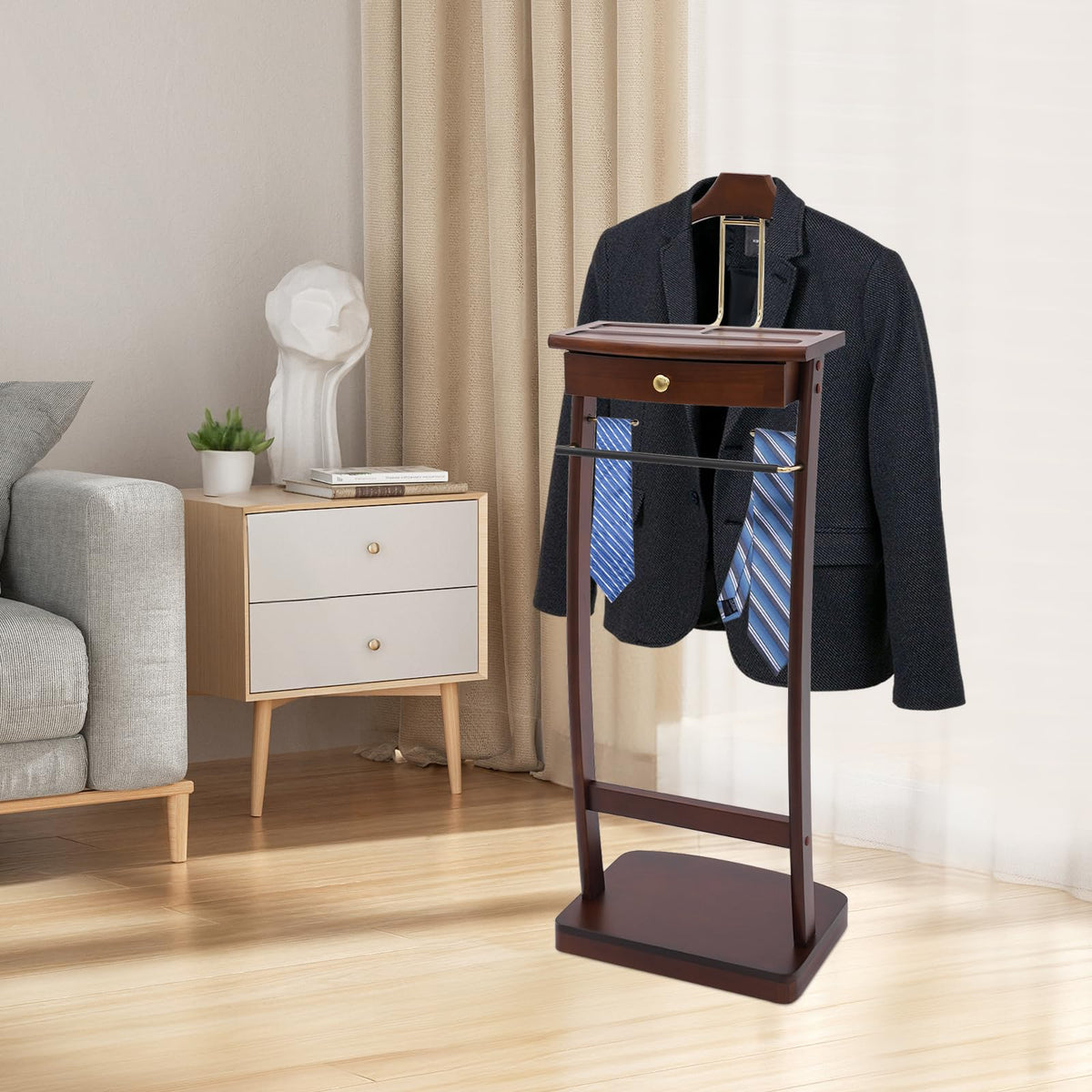 Freestanding Wood Mens Valet Stand with Drawer, Clothes Butler with Base, Suit Hanger Rack Living Room Bedroom