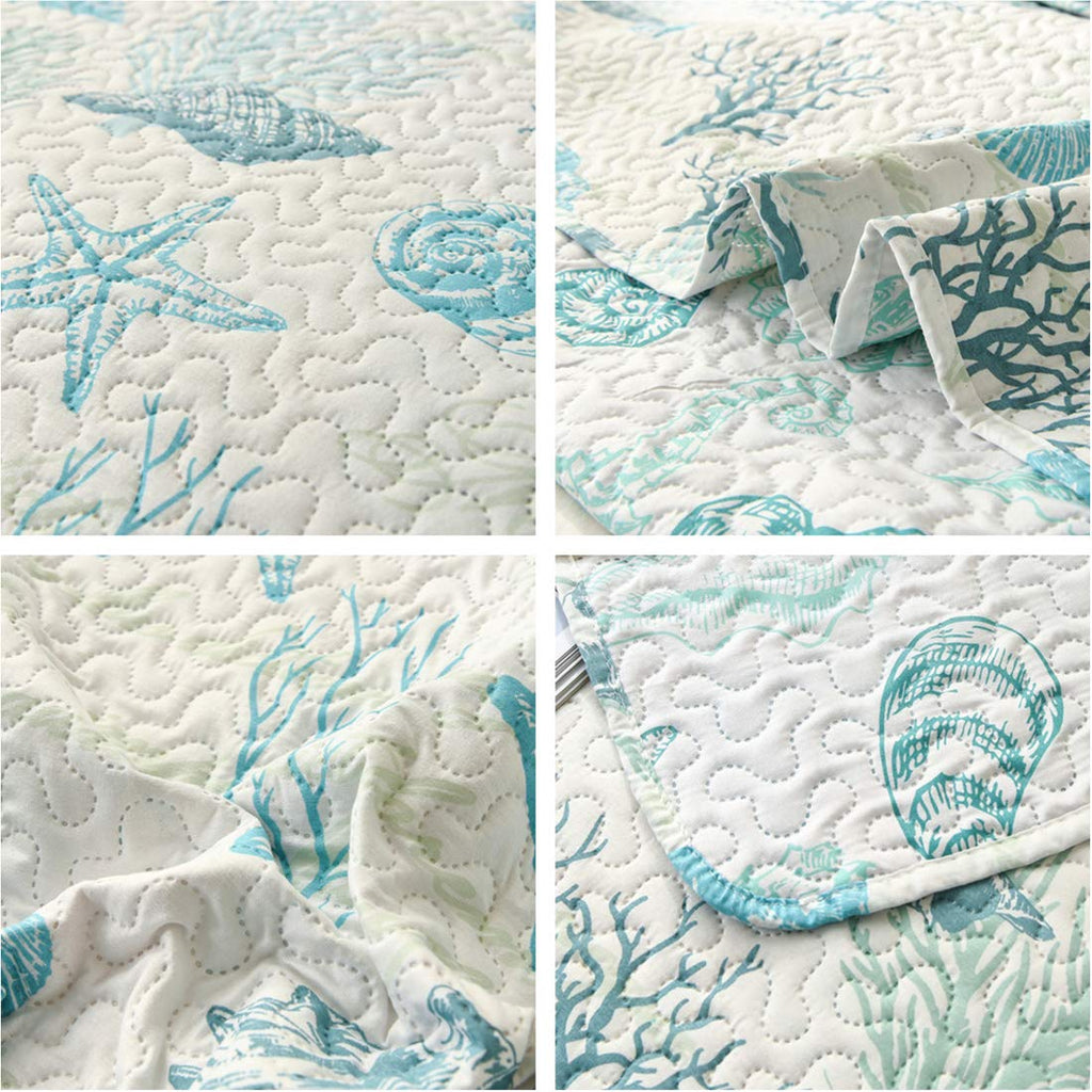 Reversible Coastal Beach Theme Quilt Set Ocean Coral Bedding Seaweed Bedspread Ocean Life Blue Green White
