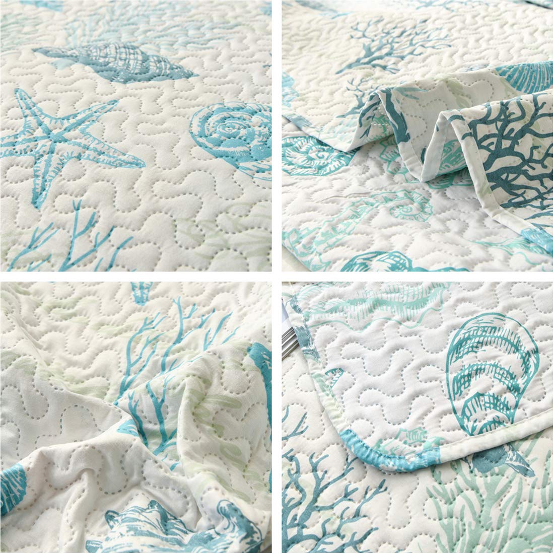 Reversible Coastal Beach Theme Quilt Set Ocean Coral Bedding Seaweed Bedspread Ocean Life Blue Green White