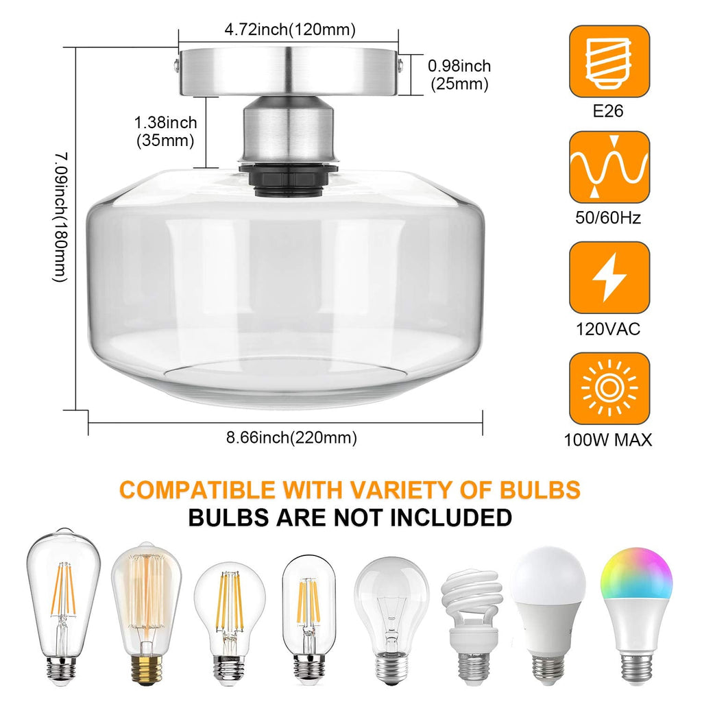 Industrial Semi Flush Mount Ceiling Light Brushed Nickel, Clear Glass Pendant Lamp Shade Farmhouse Lighting Hallway