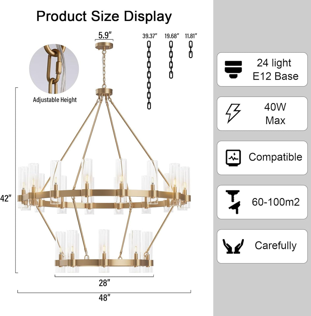 48" 24-Light Gold Large Wagon Wheel Glass Chandelier