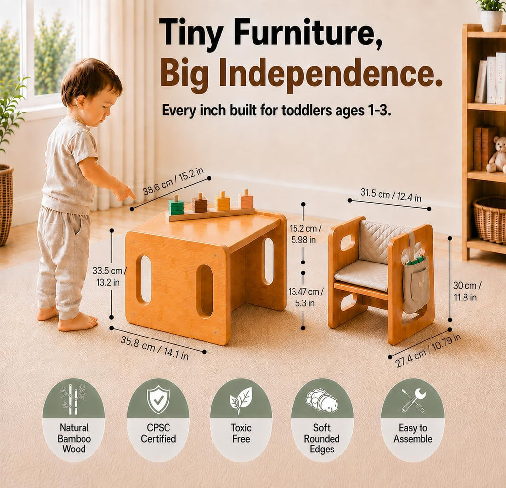 Weaning Table & Chair Set - Kids Desk & Activity Table with Flip Chair, Removable Cushion, Hanging Pouch & Toy