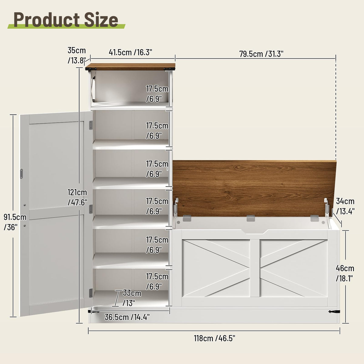 Shoe Cabinet with Bench, L-Shaped Shoe Bench, Storage Bench, Farmhouse Shoe Storage Cabinet with Adjustable Shelves