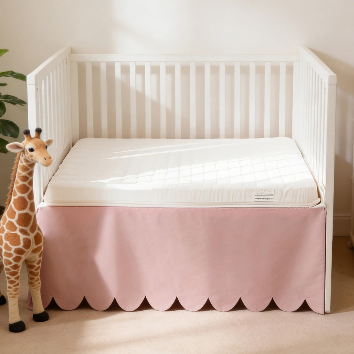 100% Cotton Scallop Edge Crib Bed Skirt, 28"x 52" with 14" Drop, 4-Sided Soft Breathable Cotton Bedding Skirt for