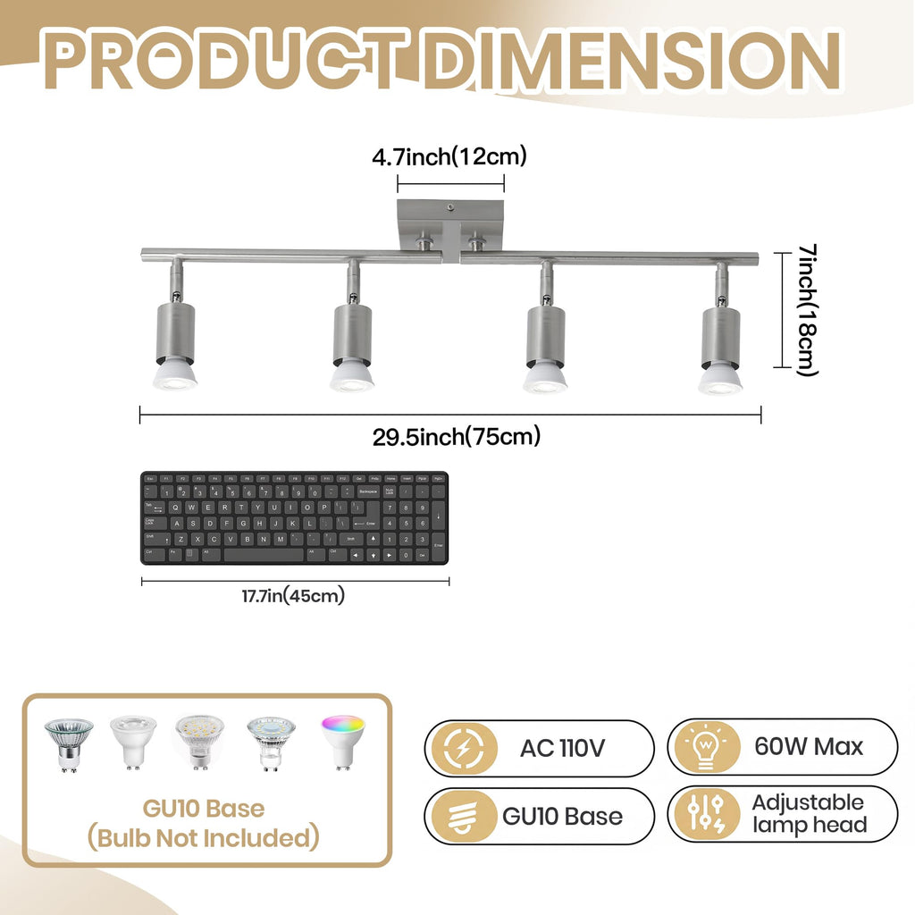 Long Stem Track Lighting, Nickel Hardwired GU10 Ceiling Spotlight, Rotatable Adjustable Long Arm Track Light