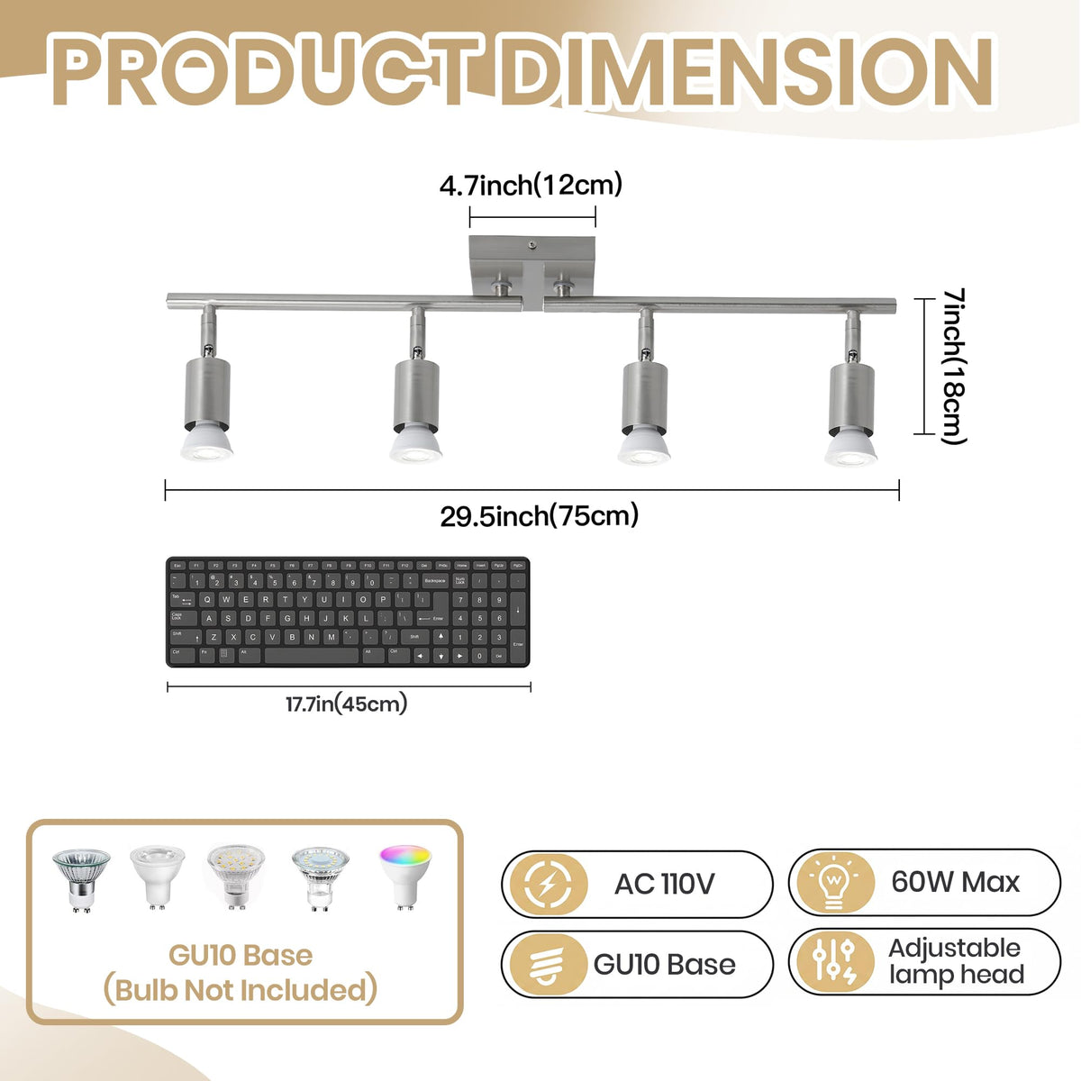 Long Stem Track Lighting, Nickel Hardwired GU10 Ceiling Spotlight, Rotatable Adjustable Long Arm Track Light