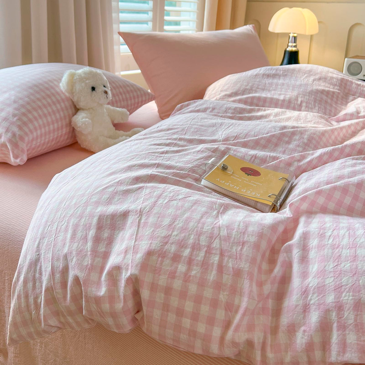 Pink Gingham Duvet Cover Set Cotton (90"x90"), Pink White Plaid