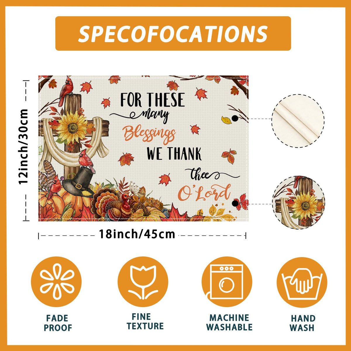 Thanksgiving Cross Placemats Set of 6 Table Decor 12x18 Inch