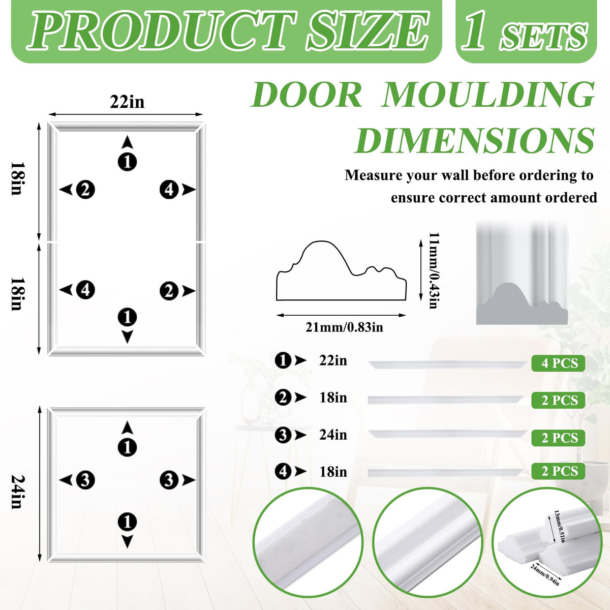 1 Set Peel and Stick Door Moulding, Classic, 22"x36"+22"x24"