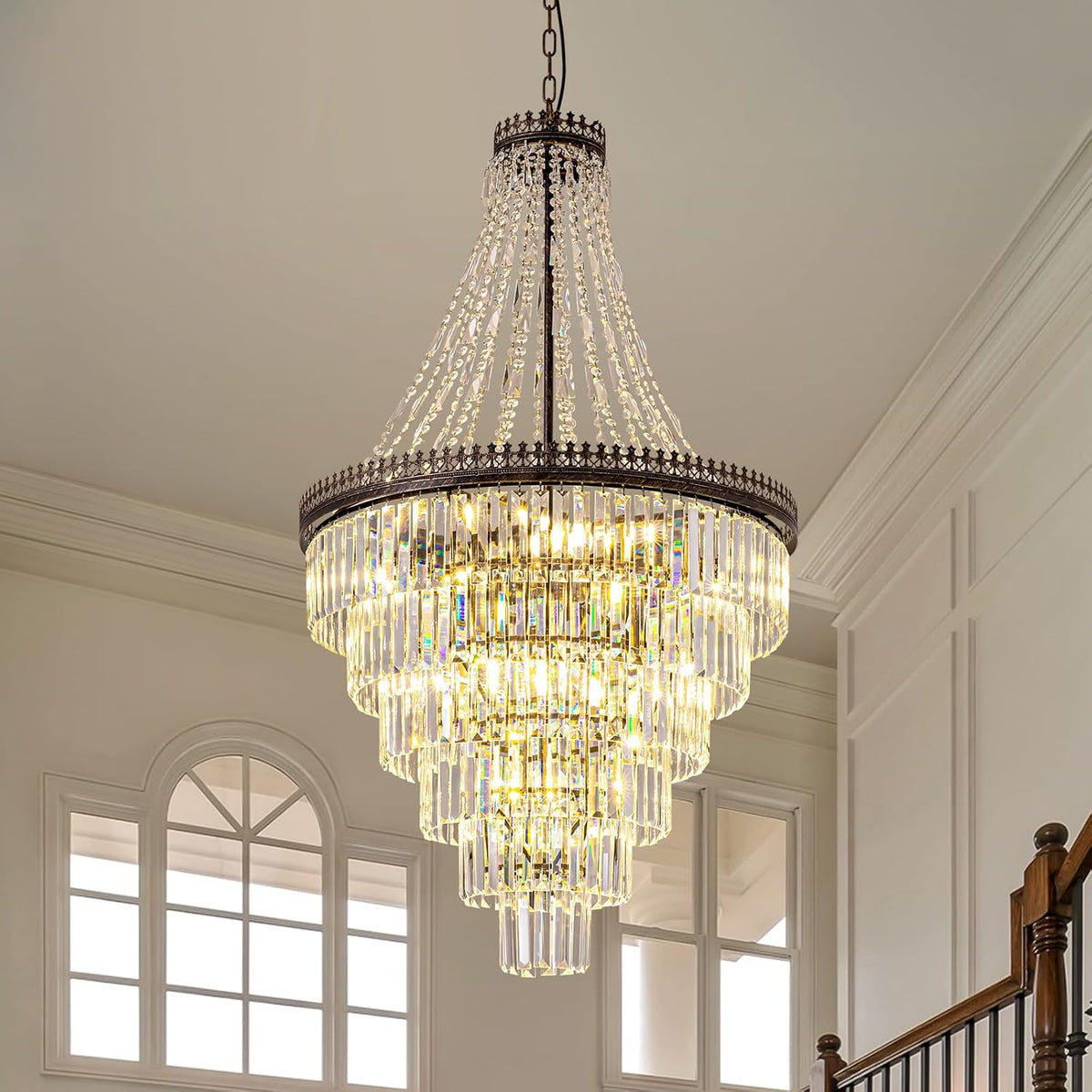 Large Vintage French Empire Crystal Chandelier for High-Ceiling Entryways