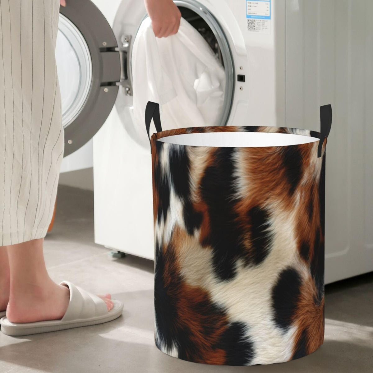 Brown Cowhide Laundry Basket Laundry Hamper With Handles Collapsible Laundry Baskets Storage Basket For Room Bathroom