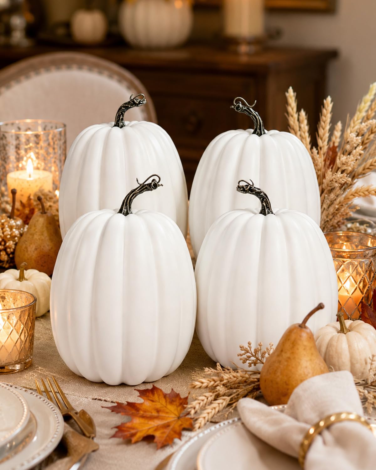 4 Pack 8 Inch Large White Artificial Pumpkins for Fall Decor