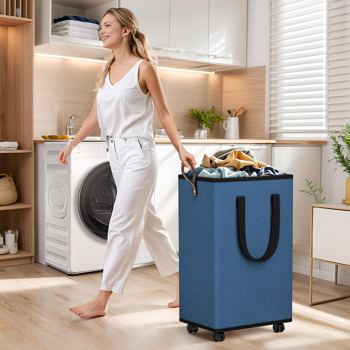 Rolling Laundry Basket with Wheels, Laundry Hamper, 100L, Navy