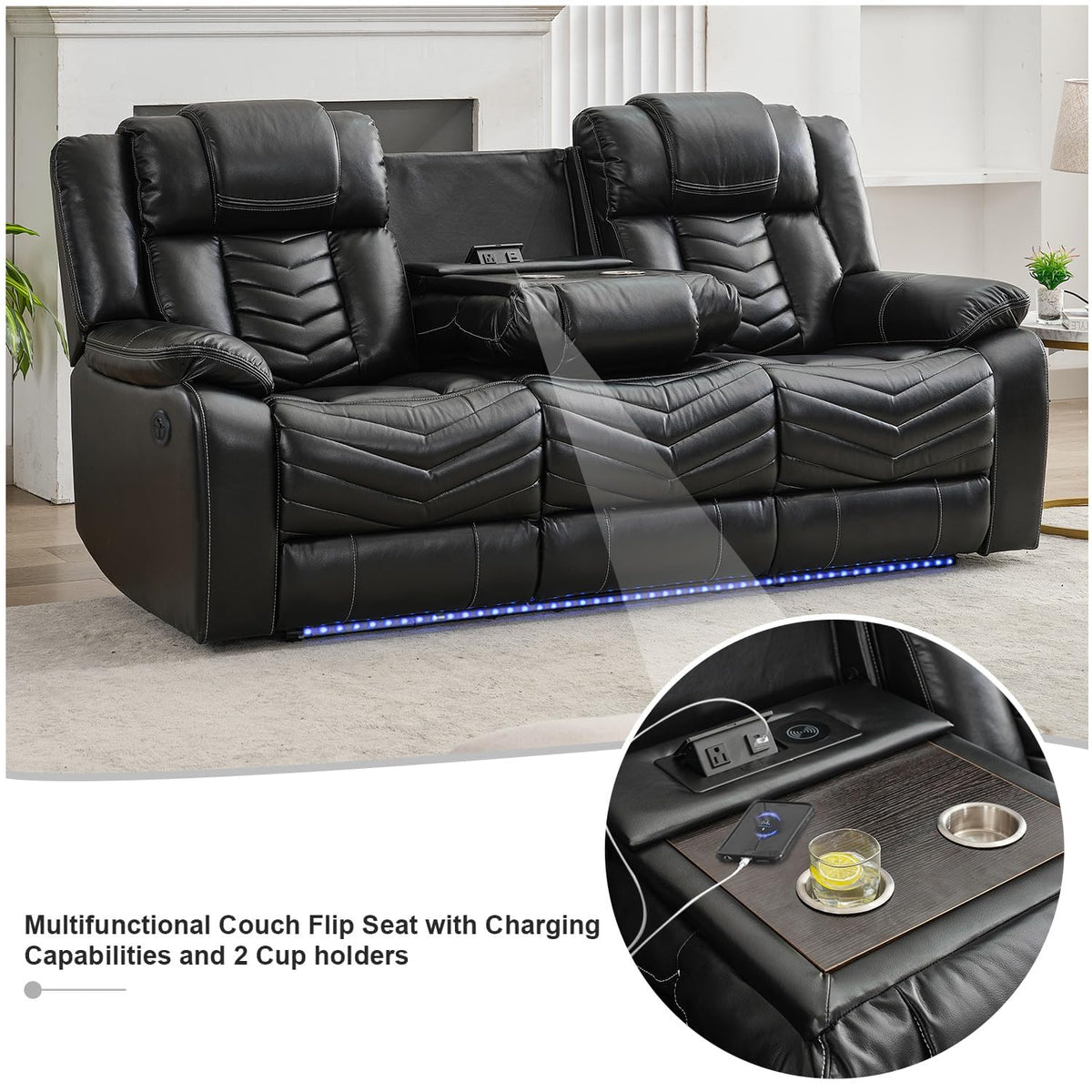 Power Recliner Sofa Set with Zero Gravity, Bass Speaker, Wireless Charger, USB/Type-C Ports, LED Lights, Cup Holders, Faux