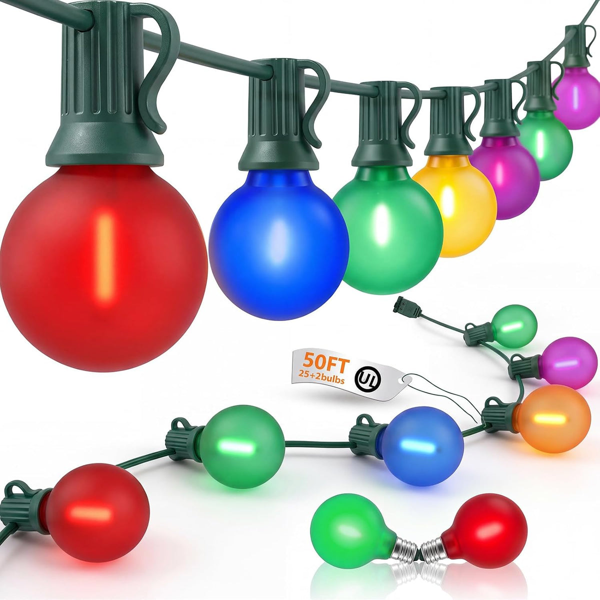 50Ft Outdoor Frosted Multicolor Christmas Lights, Globe Patio String Lights with 25 Ceramic Colorful Bulbs(2 Spare)