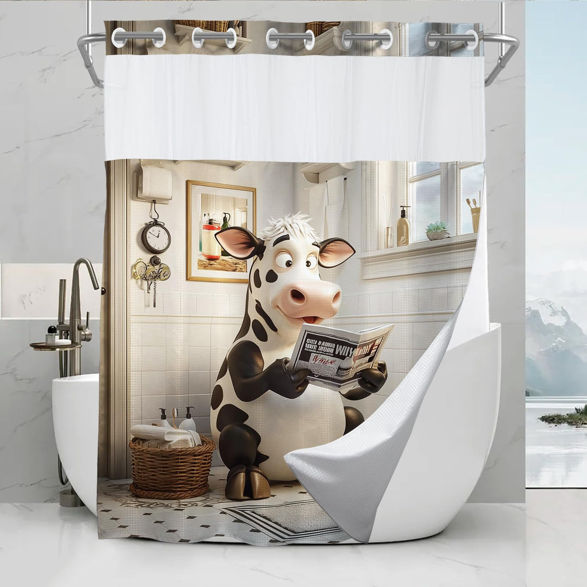 Funky Funny Cow Theme No Hook Waffle Weave Shower Curtain with Snap in Liner Cute Modern Aesthetic Bathroom Decor Set