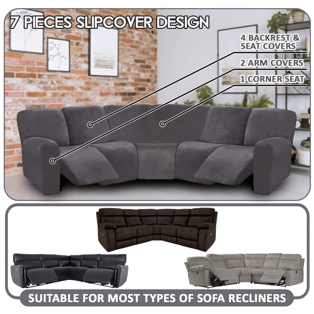 7-Piece Sectional Sofa Covers, Velvet Stretch Reclining Couch Covers for Reclining L Shape Sofa, Thick, Soft