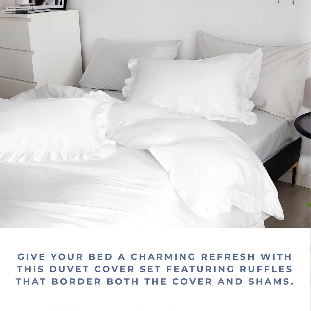 3 Pc White Ruffle Trim Duvet Cover Set King Size-100% Egyptian Cotton 600 TC Frilled, Shabby Chic Bohemian-Vintage