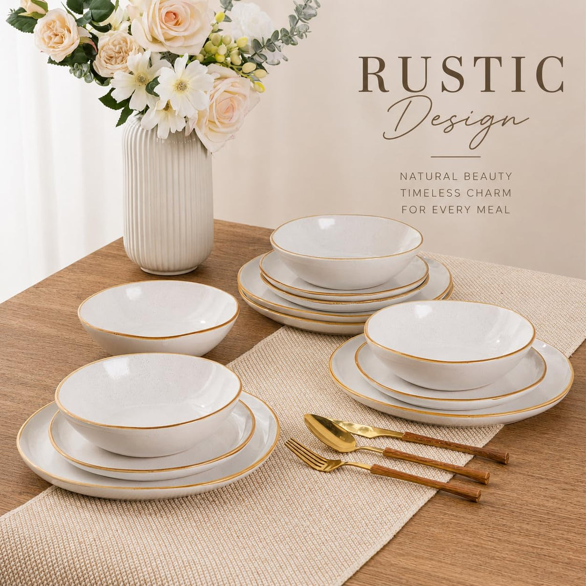 Ceramic Dinnerware Sets for 4, 12Pcs Plates and Bowls Sets Dishes