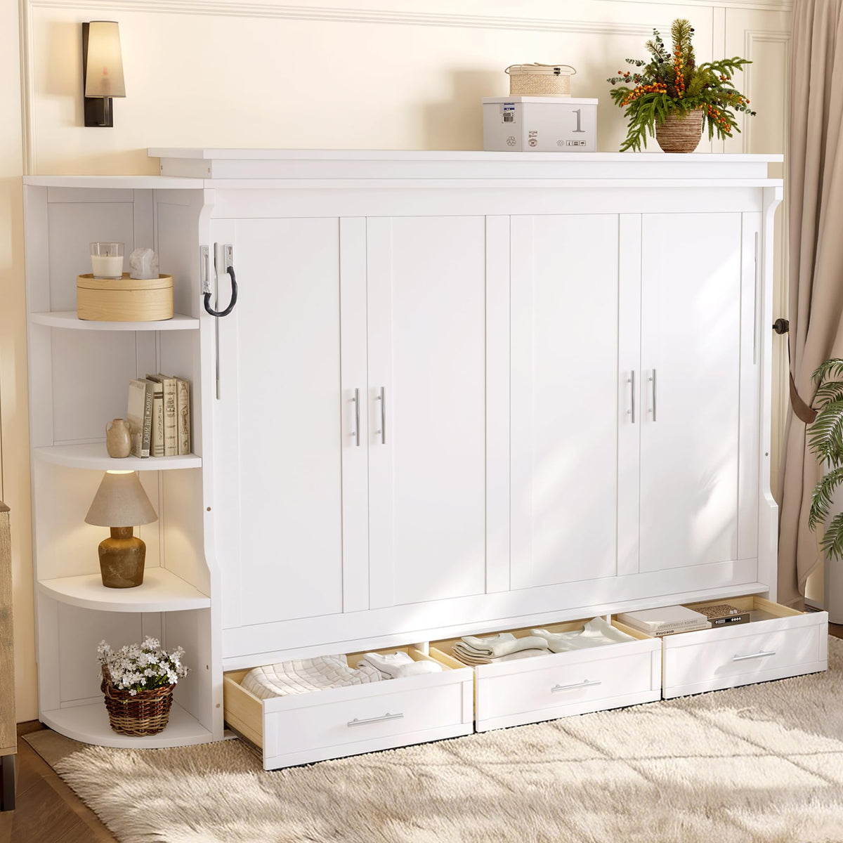 Full Size Horizontal Cabinet Murphy Bed with Side Cabinets, White