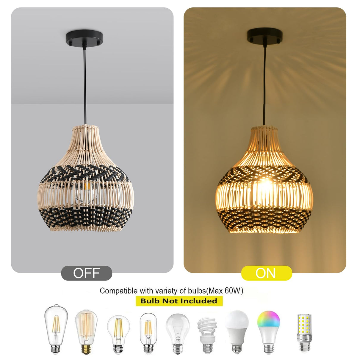 3-Pack Rattan Pendant Light Mini Hand-Woven Black White Rattan Chandelier