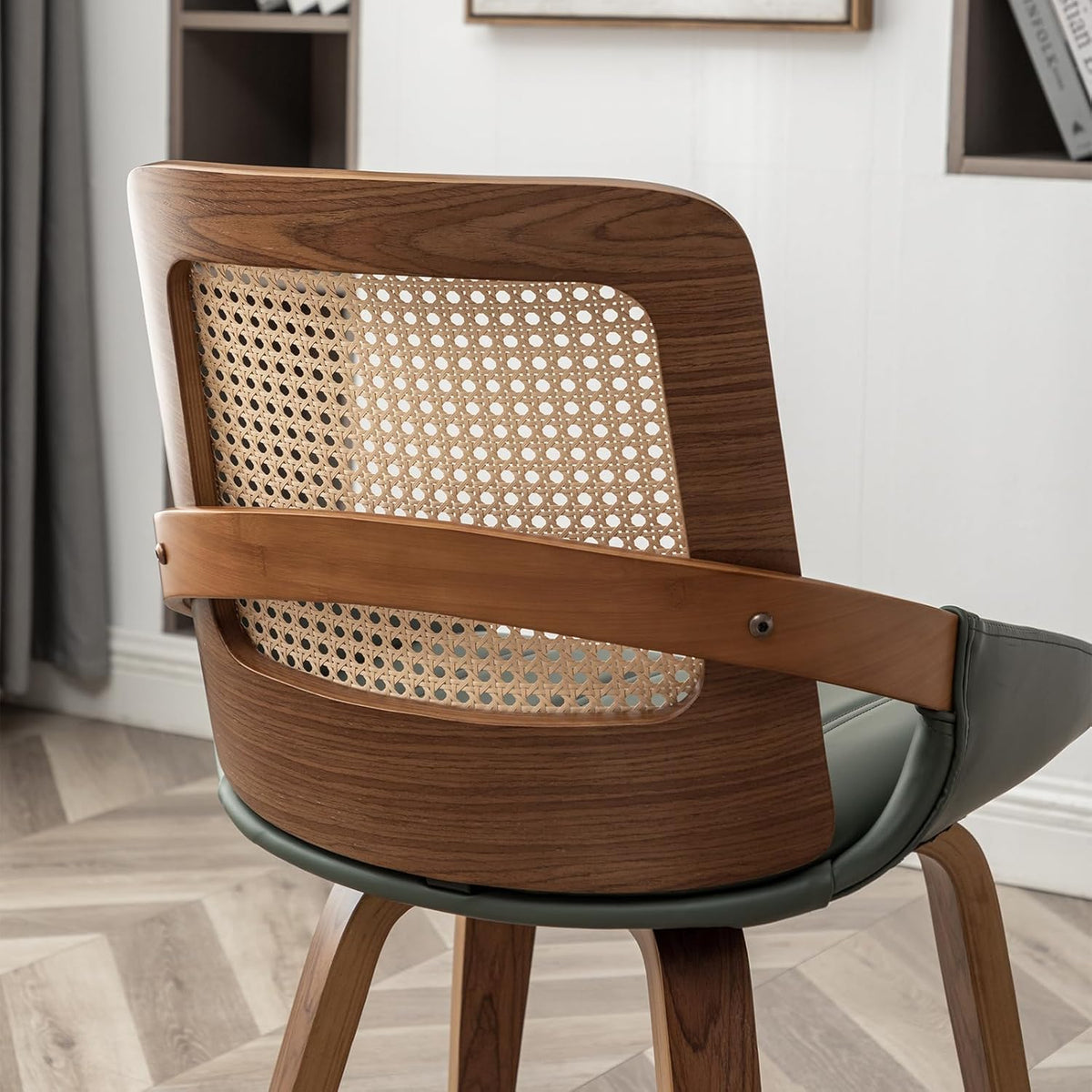 Dining Chairs Set of 2, Green Dining Chairs with Walnut Bentwood Frame, Ergonomic Rattan Back and Curved Arms for Kitchen or Living Room