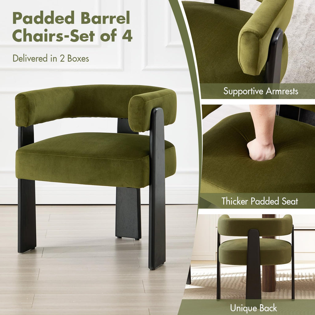 Modern Dining Chairs Set of 4, Upholstered Velvet Barrel Accent Chairs with Backrest & Arms, Wide and Thicker Padded