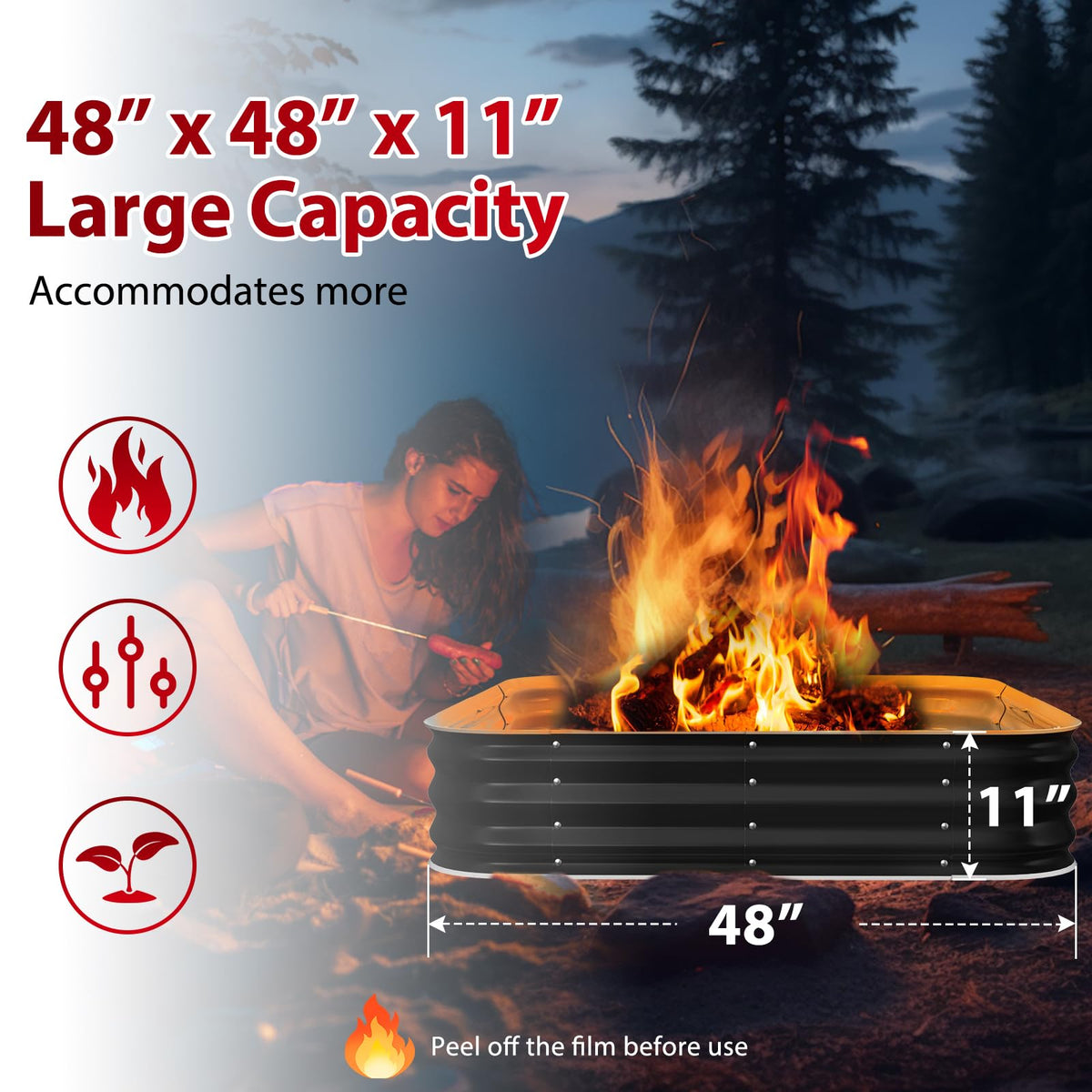 Height 11.5 Inch, Square Galvanized Steel Fire Pit for Outside, Heavy Duty Steel Fire Pit In-Ground for Backyard